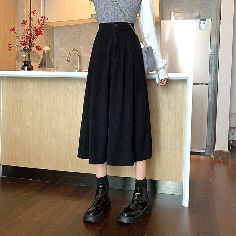 Solid Color Corduroy Vintage Pleated Long Skirt - Black /