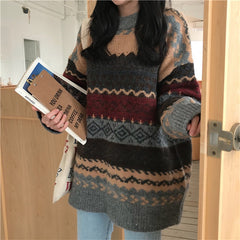 Striped Oversized Knitted Sweater - Gray / One Size