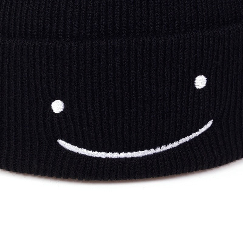 Embroidered Smiley Knitted Beanie - Black / One Size