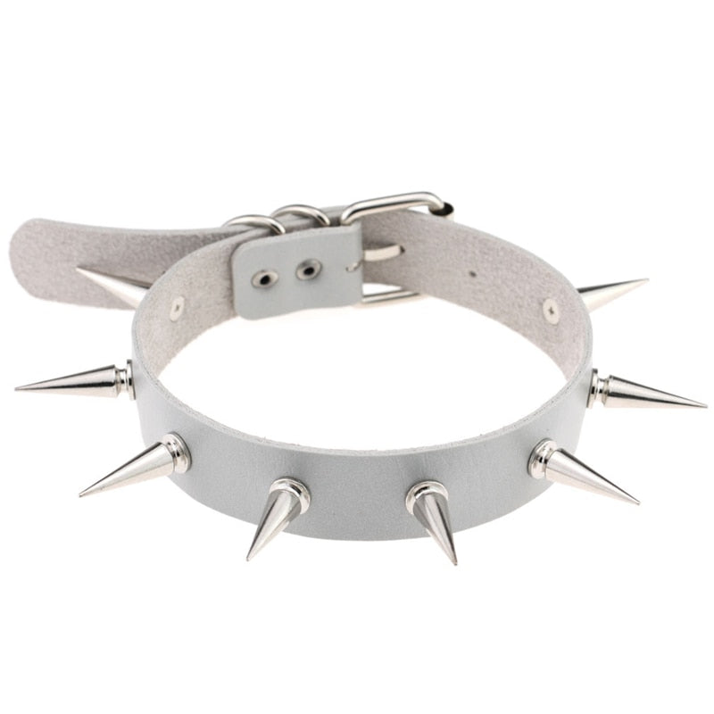 Punk Gothic Leather Spike Collar - Silver / One Size