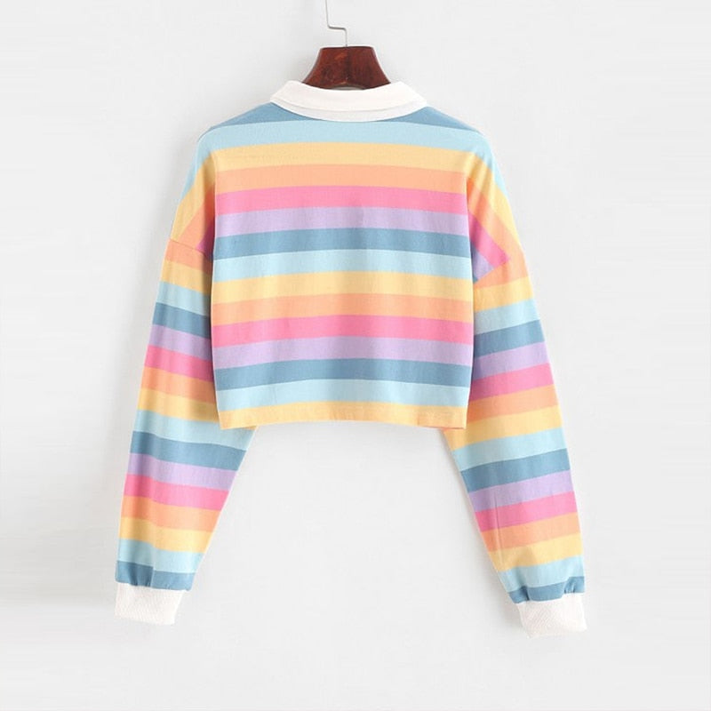 Rainbow Color With Button Striped Sweatshirt - SWEATSHIRT