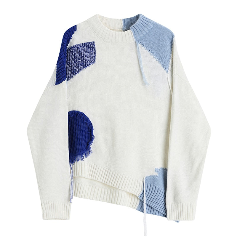 Patchwork Contrast Color Spliced Retro Sweater - S / White