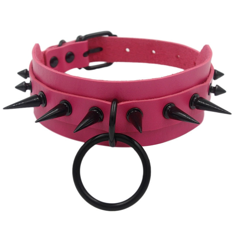 Gothic Punk O-ring Spike Collar Studded - Rose / One Size