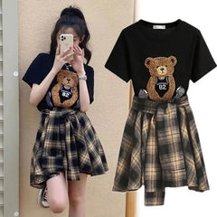 Aesthetic Plaid Skirt Short Sleeve Cartoon Bear T-shirt Set