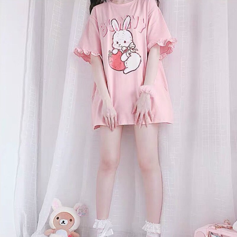 Cute Kawaii Strawberry Bunny Print Tshirt - T-Shirt