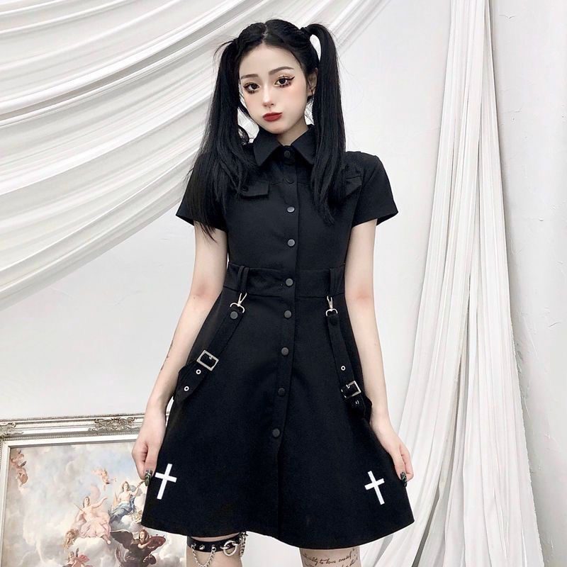 Grunge Gothic Cross Skirt Dress - Black without Tie / S