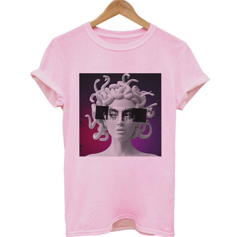 Medusa Sculpture Pink Vaporwave Print T-Shirt - Black / S