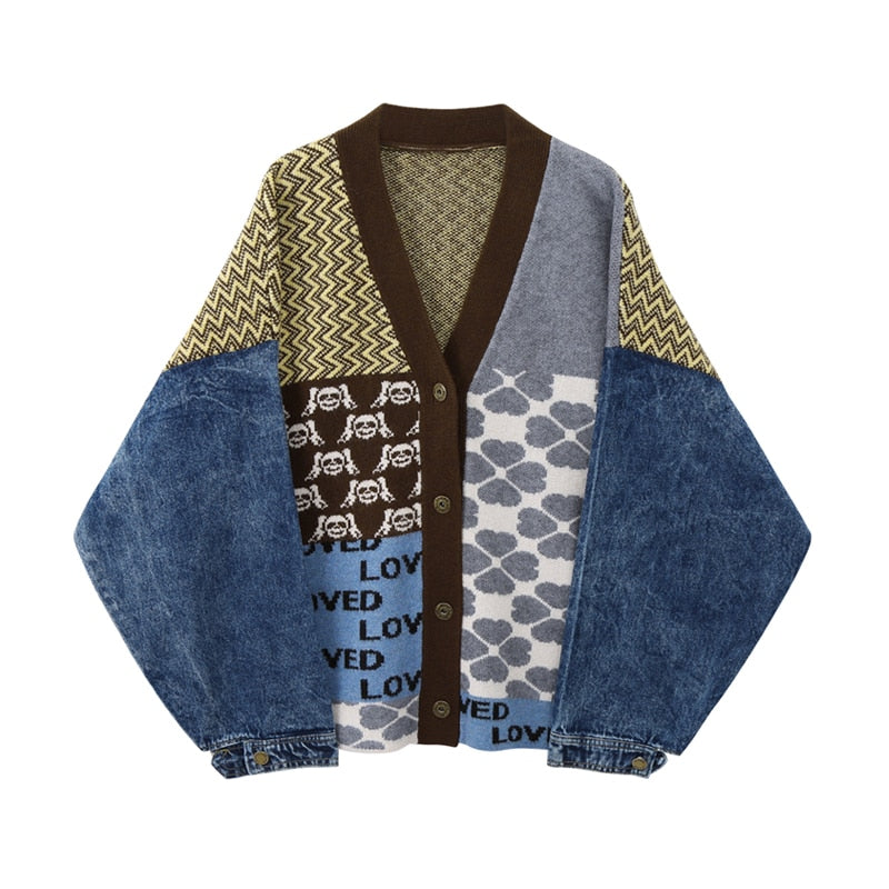 Vintage Knitted Patchwork Cardigan Sweater - Blue / M