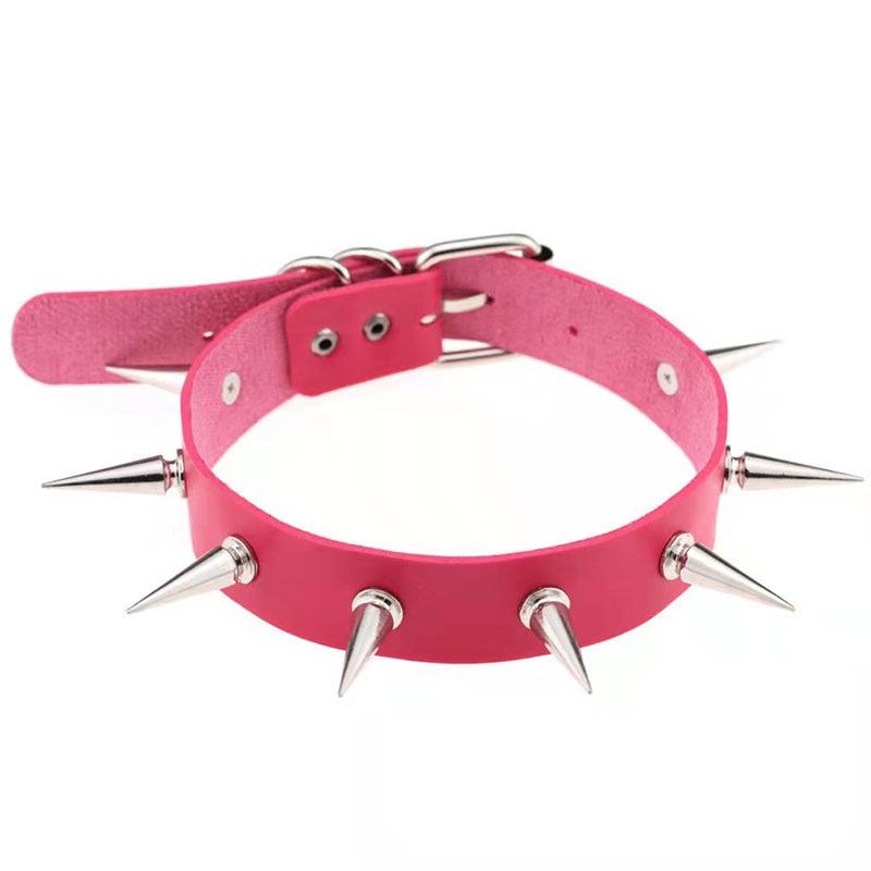 Punk Gothic Leather Spike Collar - Rose Red / One Size