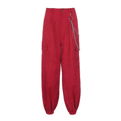 Red Big Pockets Chain Zipper High Waist Cargo Pants