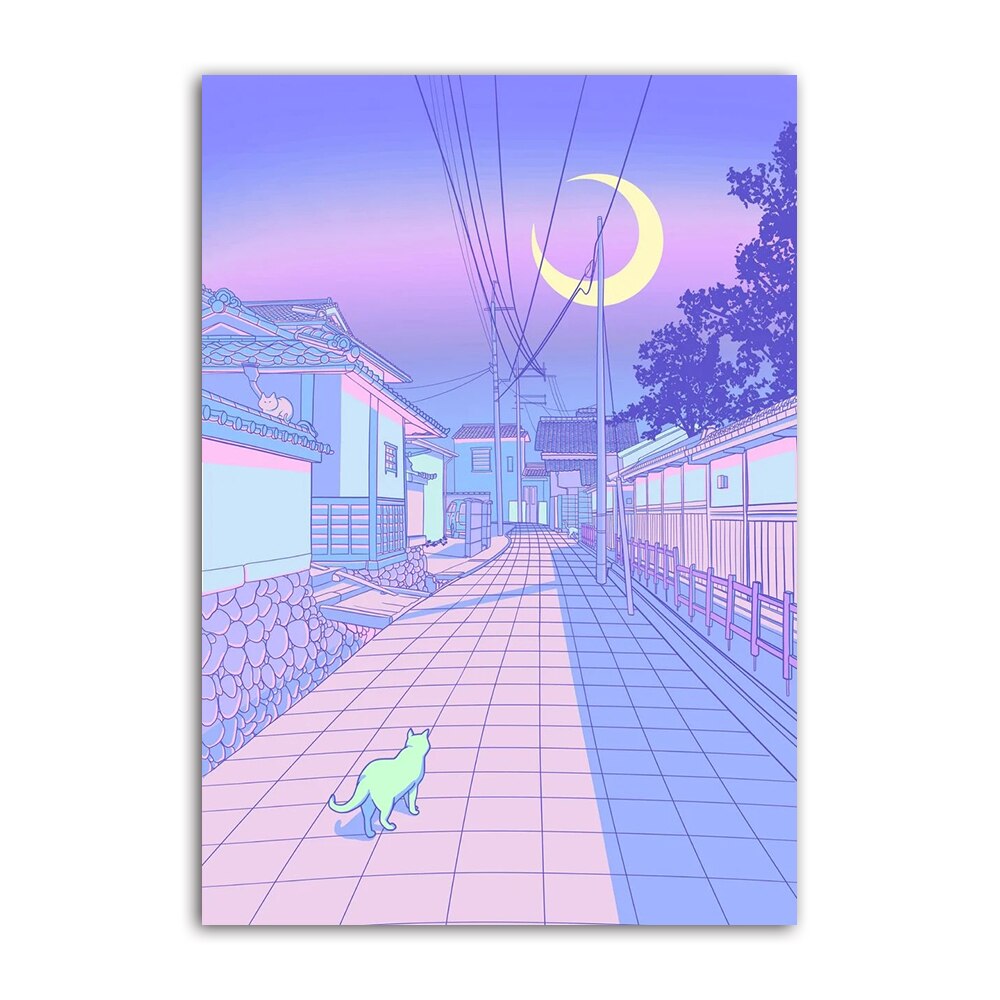 Cartoon House Street Poster Wall - Purple / 15x20cm No Frame