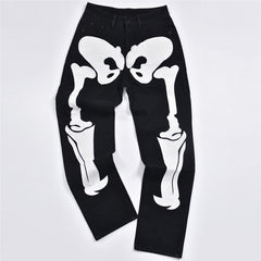 Bones Embroidery Loose Pants - Black / S