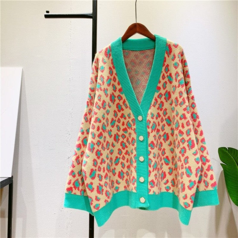 Leopard Contrast Color V-neck Knitted Oversize Sweater - One