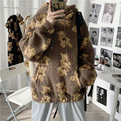 Little Bear Pattern Furry Oversize Hoodie - Brown / M