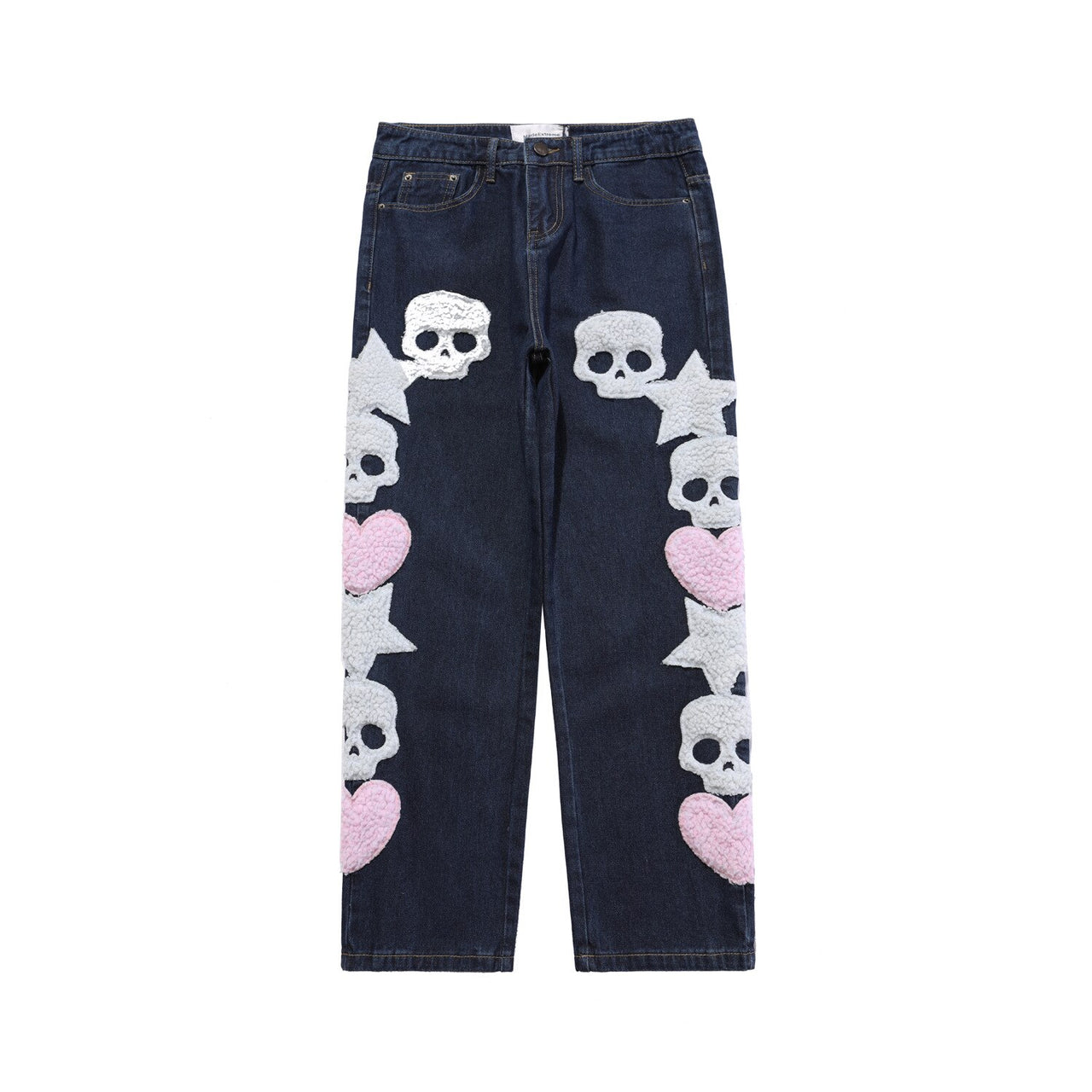 Skull Embroidery Straight Pants - Blue / S