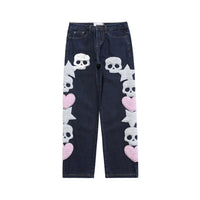 Thumbnail for Skull Embroidery Straight Pants - Blue / S