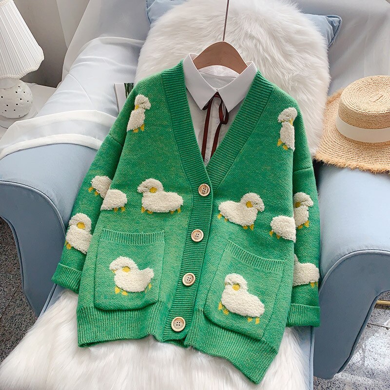 Sheeps Embossed Knitted Cardigan - Green / One Size -