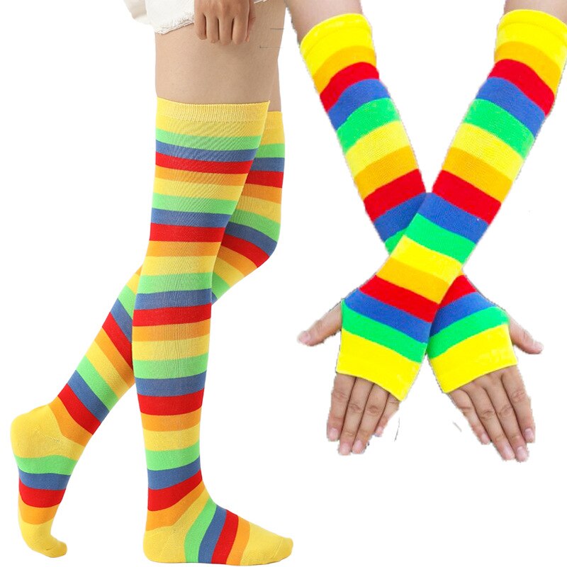 Colorful Rainbow Knee Socks & Arm Warmer Gloves - Yellow /