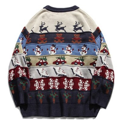 Christmas Elk Snowman Crewneck Sweaters - Navy Blue / M -