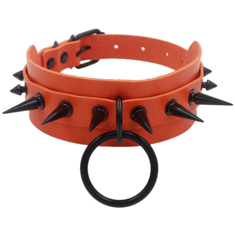 Gothic Punk O-ring Spike Collar Studded - Orange / One Size