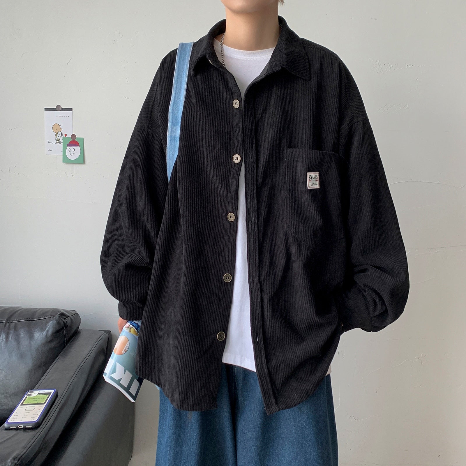 Oversized Korean Style Long Sleeve Shirt - Black / S -