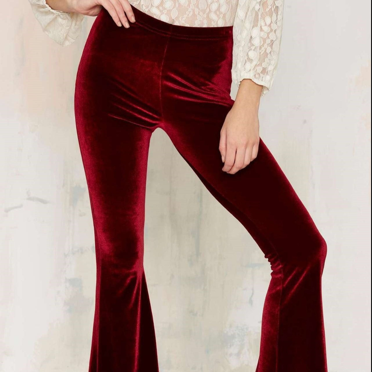 Solid Color Velvet Stretchy High Waisted Flared Pants -