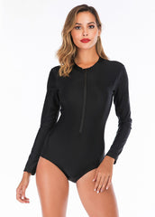 Solid Color One-piece Long-Sleeve Swimwear - Black / S -