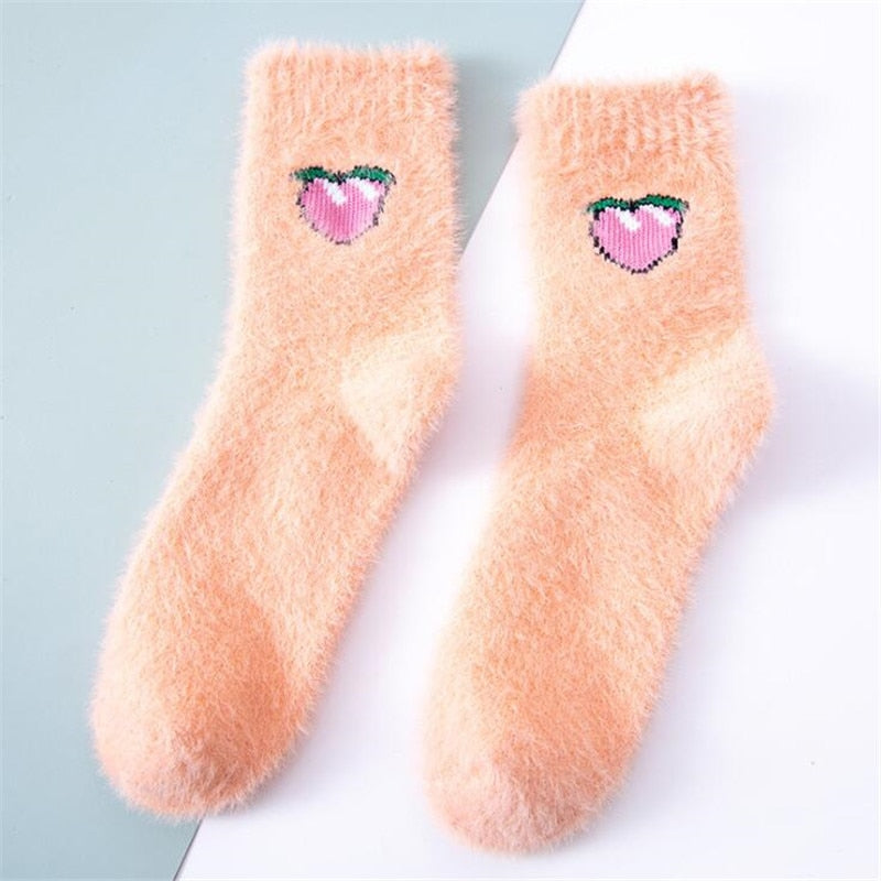 Pastel Color Fruit Fluffy Socks - Pink / One Size