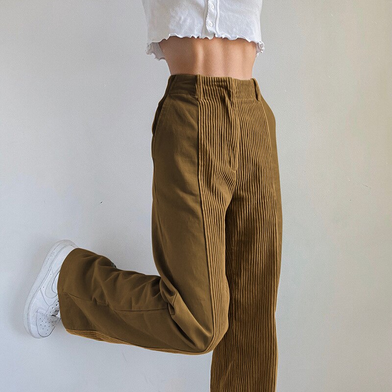 Bicolor High Waist Corduroy Pants - Brown / S