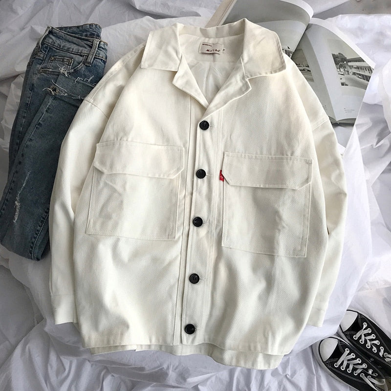 Multi Pockets Harajuku Solid Color Jacket - White(AsianSize)