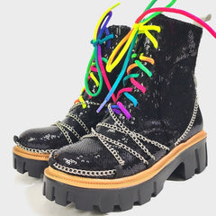 Colorful Laces Adorned With Chains Boots - Black / 5
