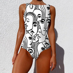 Abstract Black and White One-Piece Swimsuit - Faces / S