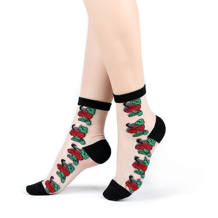 Transparent Ankle Socks - Transparent-Red-Roses / One Size
