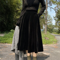 Solid Color Velvet Long High Waist Skirt - Black / One Size