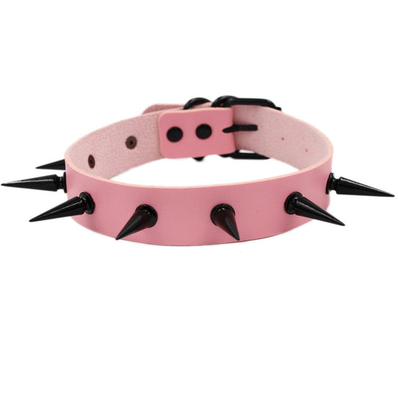 Gothic Punk O-ring Spike Collar Studded - pink / One Size
