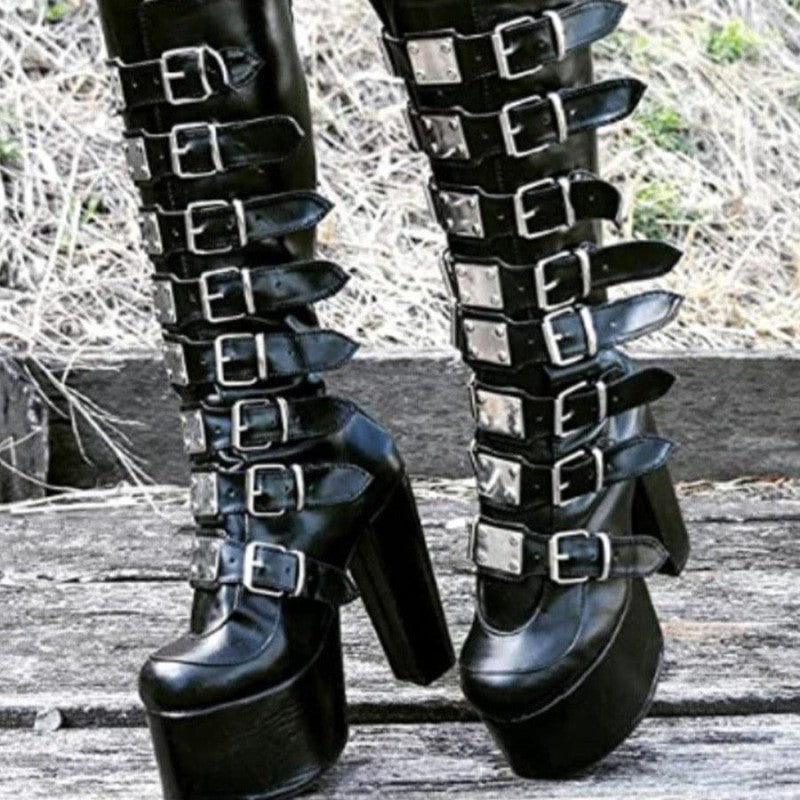 High Platform Metal Buckle Wedges Gothic Boots - black style