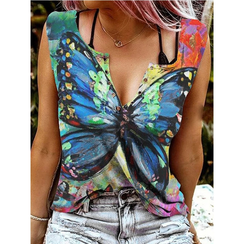 Butterfly V-Neck Sleeveless T-Shirt - MULTI / XS