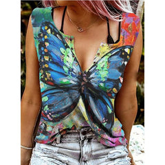 Butterfly V-Neck Sleeveless T-Shirt - MULTI / XS