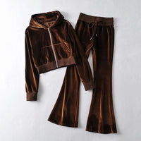 Thumbnail for Velvet Zip-Up Cropped Hoodie & Flare Joggers Set - brown / S