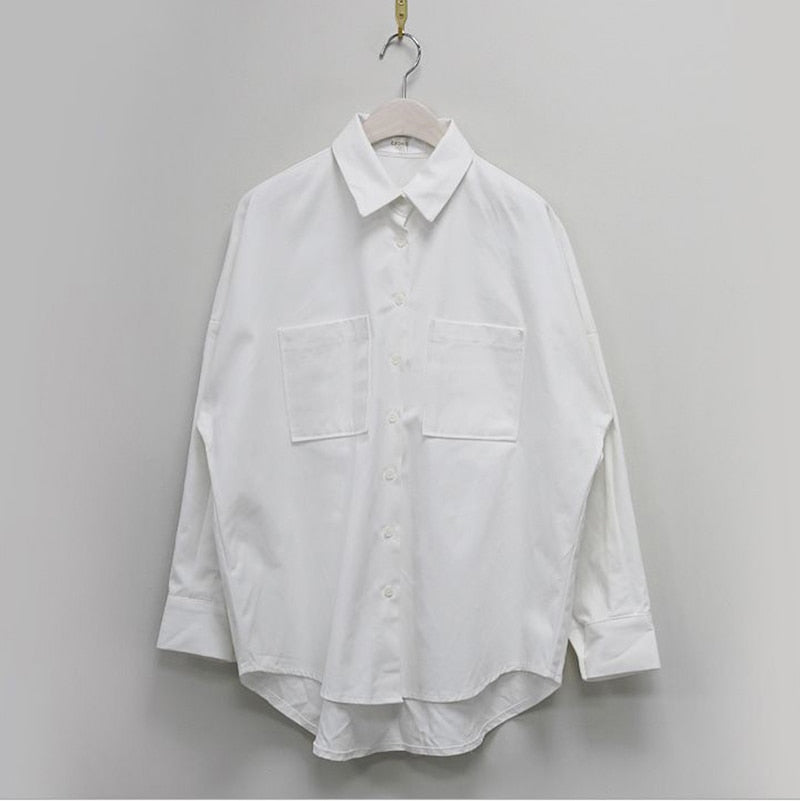Double Pockets Turn-down Collar Shirt - White / One Size