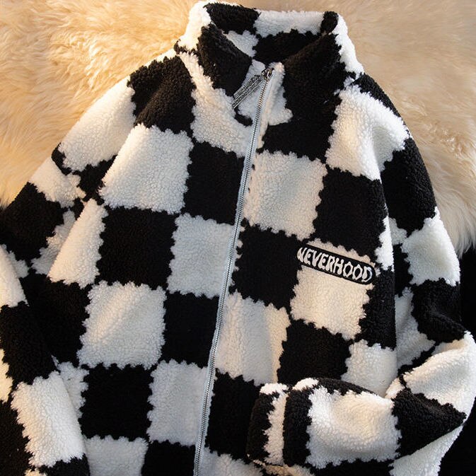 Velvet Checkerboard Stitching Zipper Jacket - Black / M