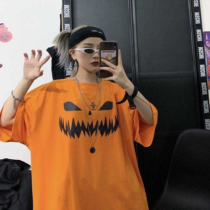 Harajuku Pumpkin Print T-Shirt - Orange / XXL