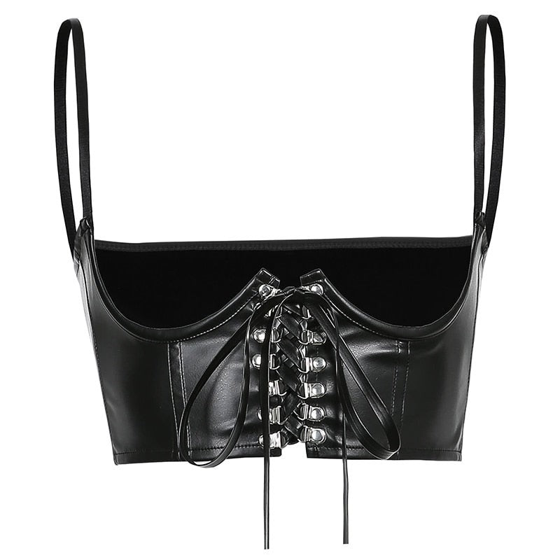 Gothic Dark PU Leather Corset Crop Top - Black / One Size