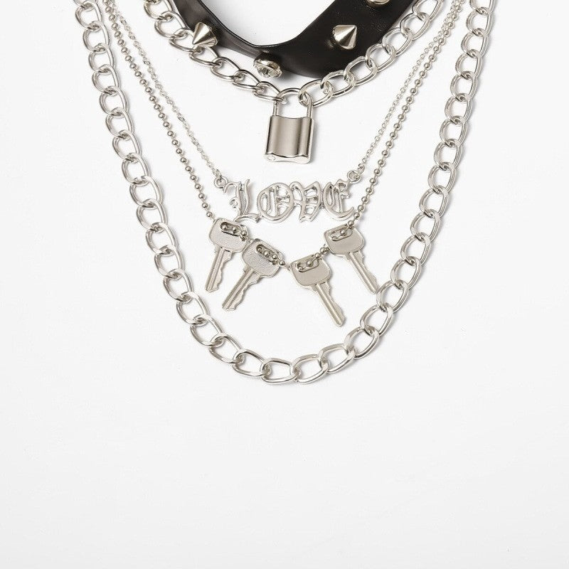 Layers Spike Love Key Necklace - One Size / Black
