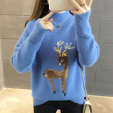 Korean Reindeer Ugly Christmas Sweater - Blue / M