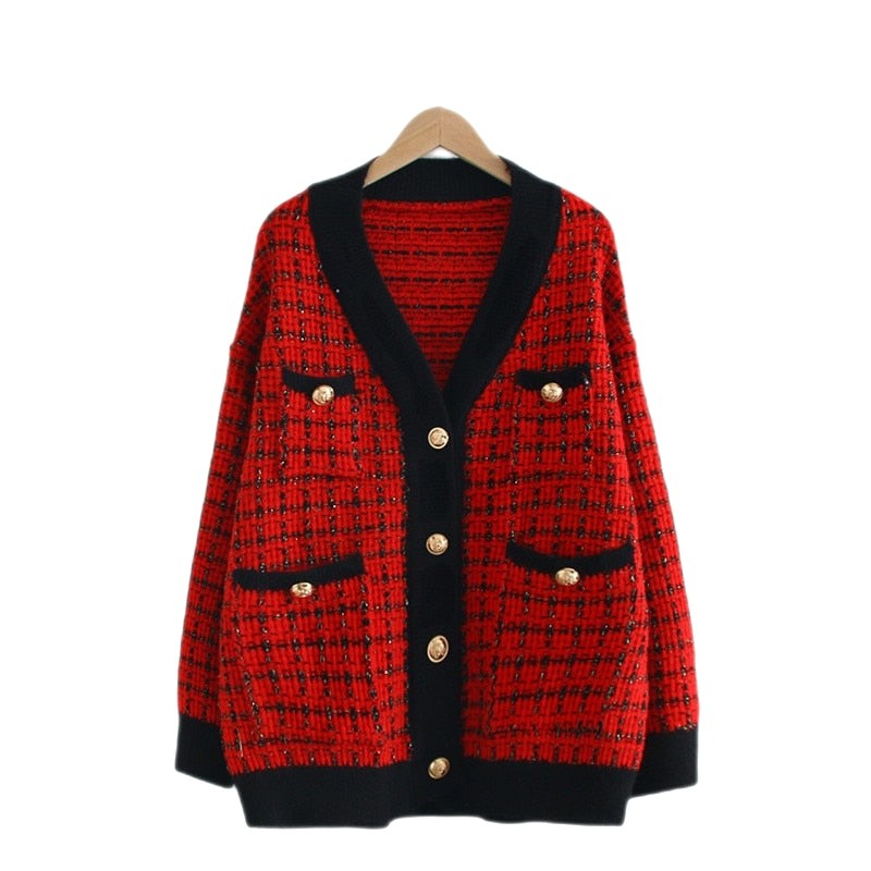 Plaid Pattern Loose Knitted Sweater - Red / One Size
