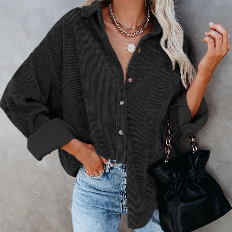 Corduroy Baggy Buttoned Long Sleeve Shirts - Black / S -