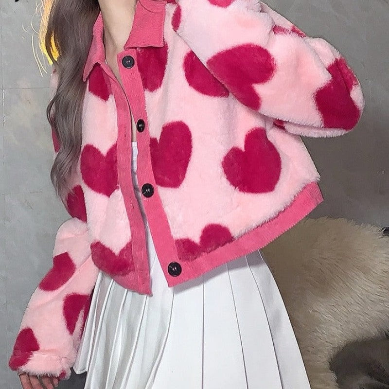 Pink Cropped Jacket Faux Fur Hearts