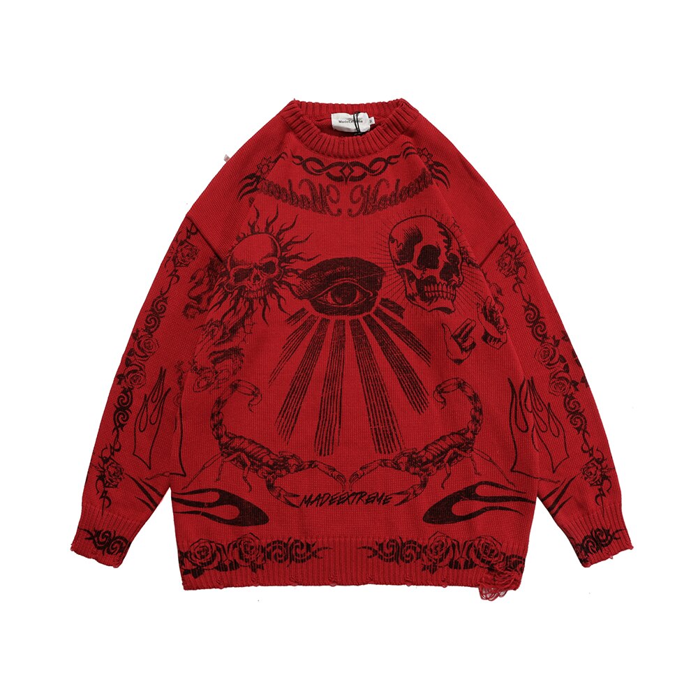 Rose Eye and Skull Scorpion Made Extreme Sweater - Red / M
