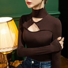 Hollow Out Turtle Neck Long Sleeve Top - Sweater